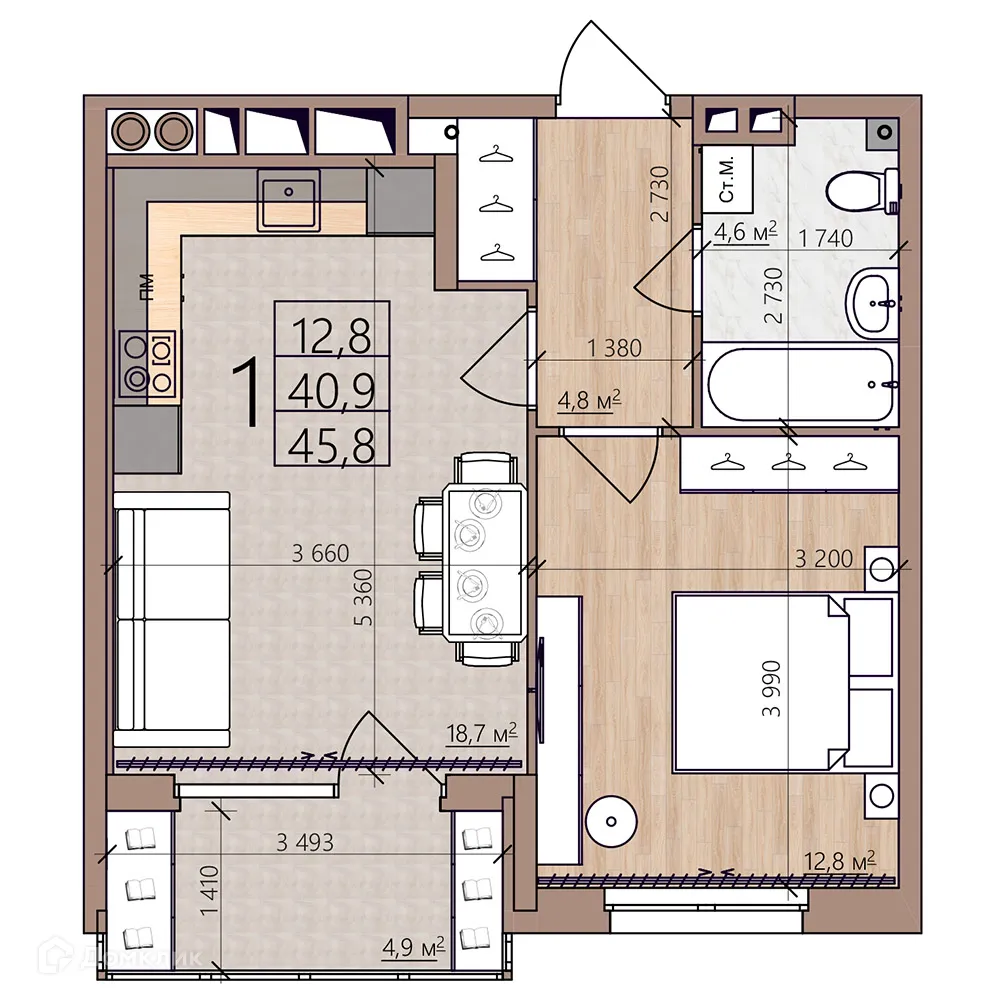 Планировка 1-комнатной квартиры 45.8 м² в ЖК Окская стрелка, г. Рязань — фото 3