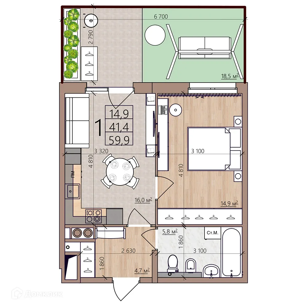 Планировка 1-комнатной квартиры 59.9 м² в ЖК Окская стрелка, г. Рязань — фото 2