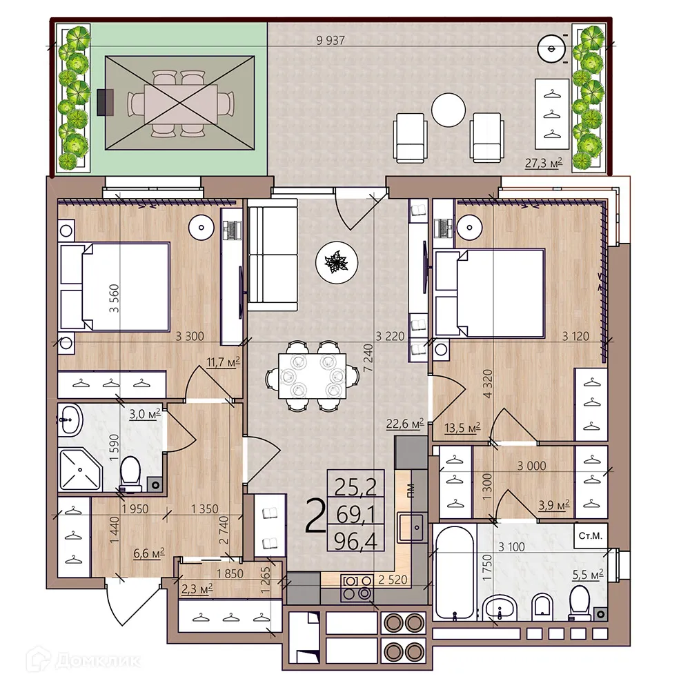Планировка 2-комнатной квартиры 96.4 м² в ЖК Окская стрелка, г. Рязань — фото 3