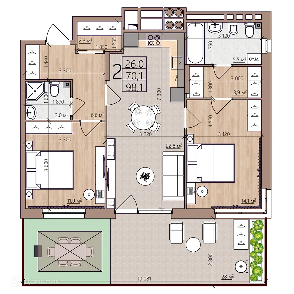Планировка 2-комнатной квартиры 98.1 м² в ЖК Окская стрелка, г. Рязань — фото 3