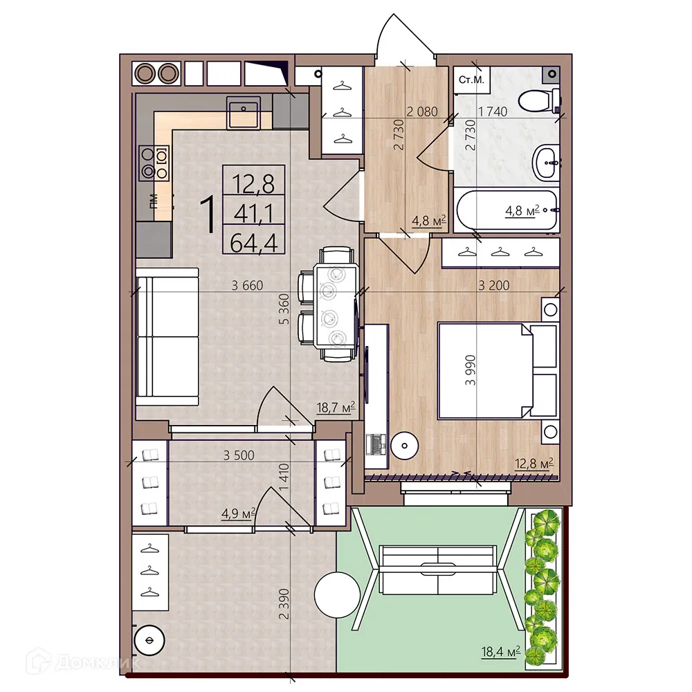 Планировка 1-комнатной квартиры 64.4 м² в ЖК Окская стрелка, г. Рязань — фото 3
