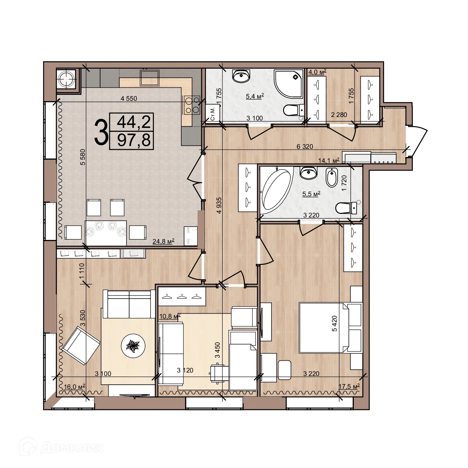 Планировка 3-комнатной квартиры 97.8 м² в ЖК Discovery (Дискавери), г. Рязань — фото 27