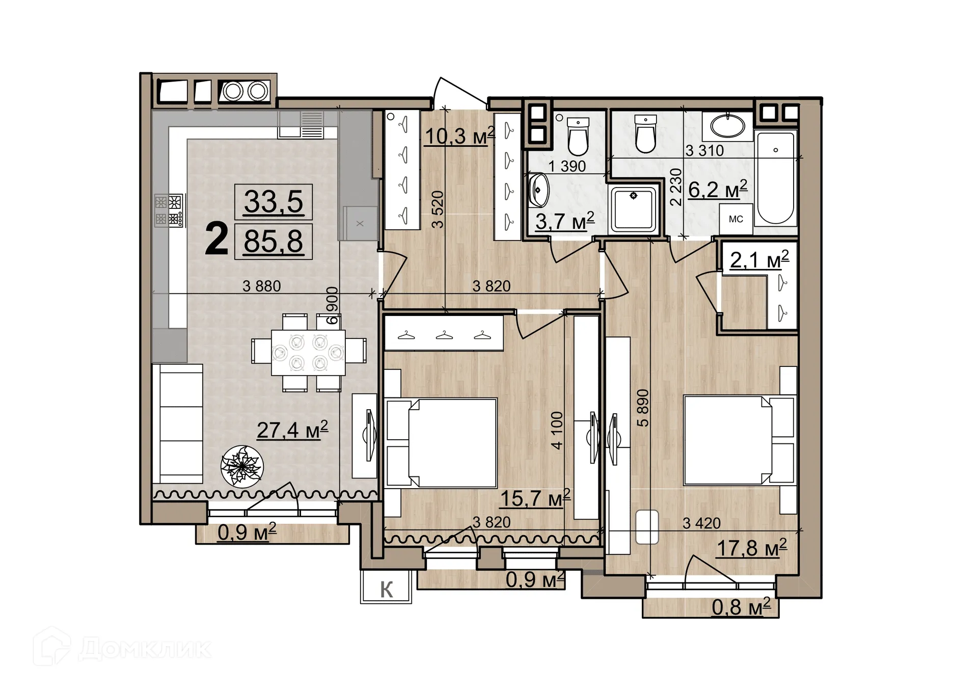 Планировка 2-комнатной квартиры 83.98 м² в ЖК Pride Park (Прайд Парк), г. Рязань — фото 3