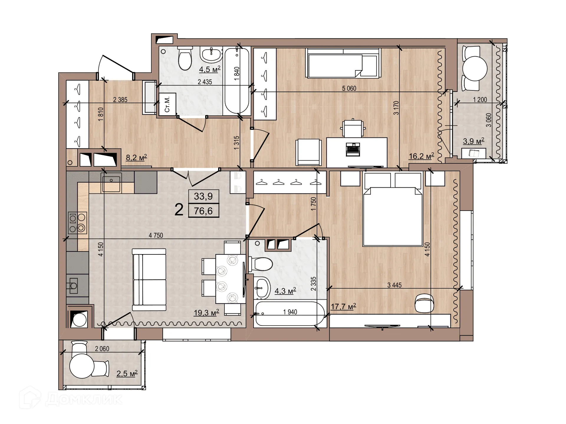 Планировка 2-комнатной квартиры 76.6 м² в ЖК Skyline (Скайлайн), г. Рязань — фото 3