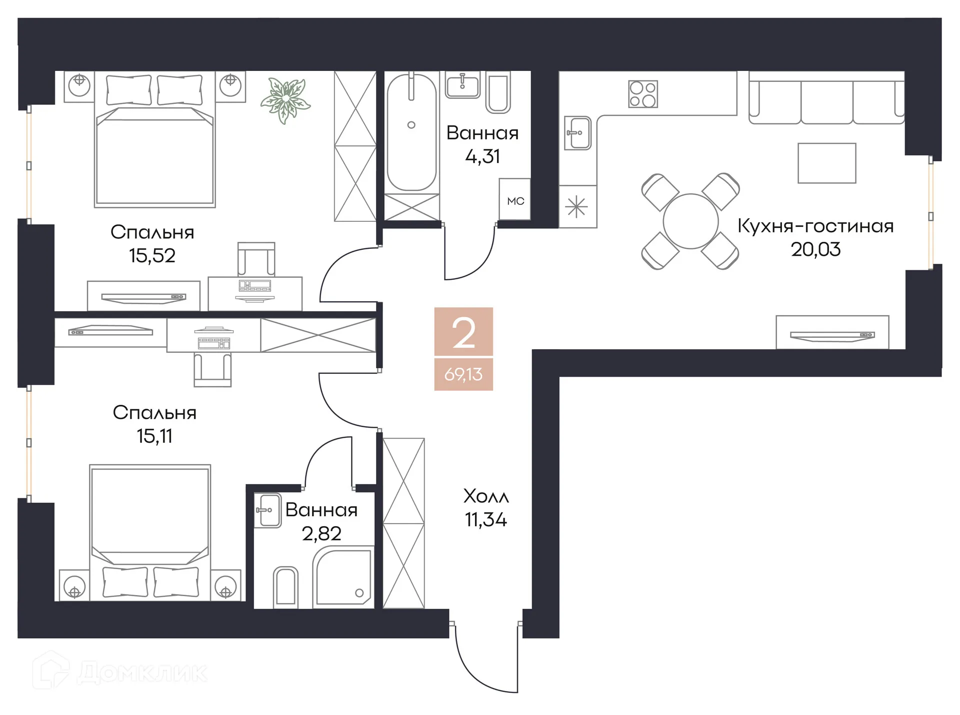 Планировка 2-комнатной квартиры 69.13 м² в ЖК Резиденция Поляна, г. Рязань — фото 3