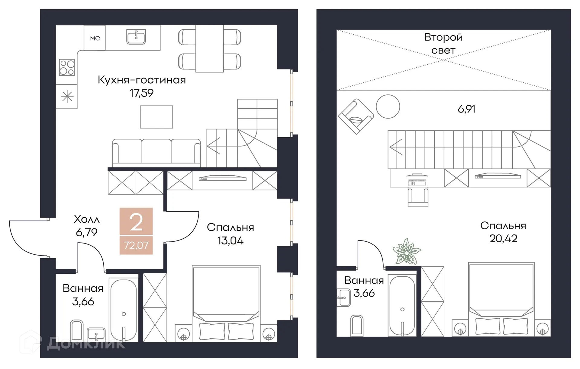 Планировка 2-комнатной квартиры 72.07 м² в ЖК Резиденция Поляна, г. Рязань — фото 3