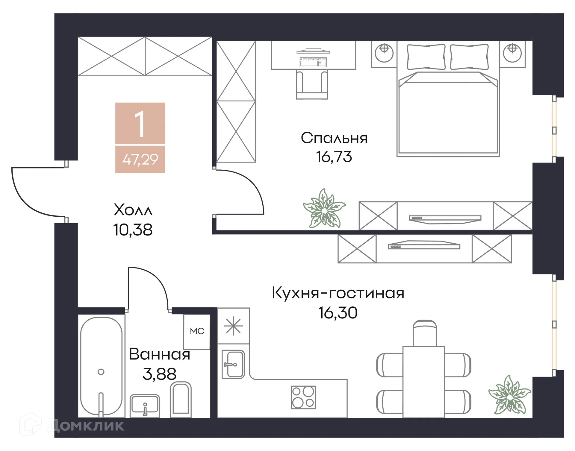 Планировка 1-комнатной квартиры 47.29 м² в ЖК Резиденция Поляна, г. Рязань — фото 3