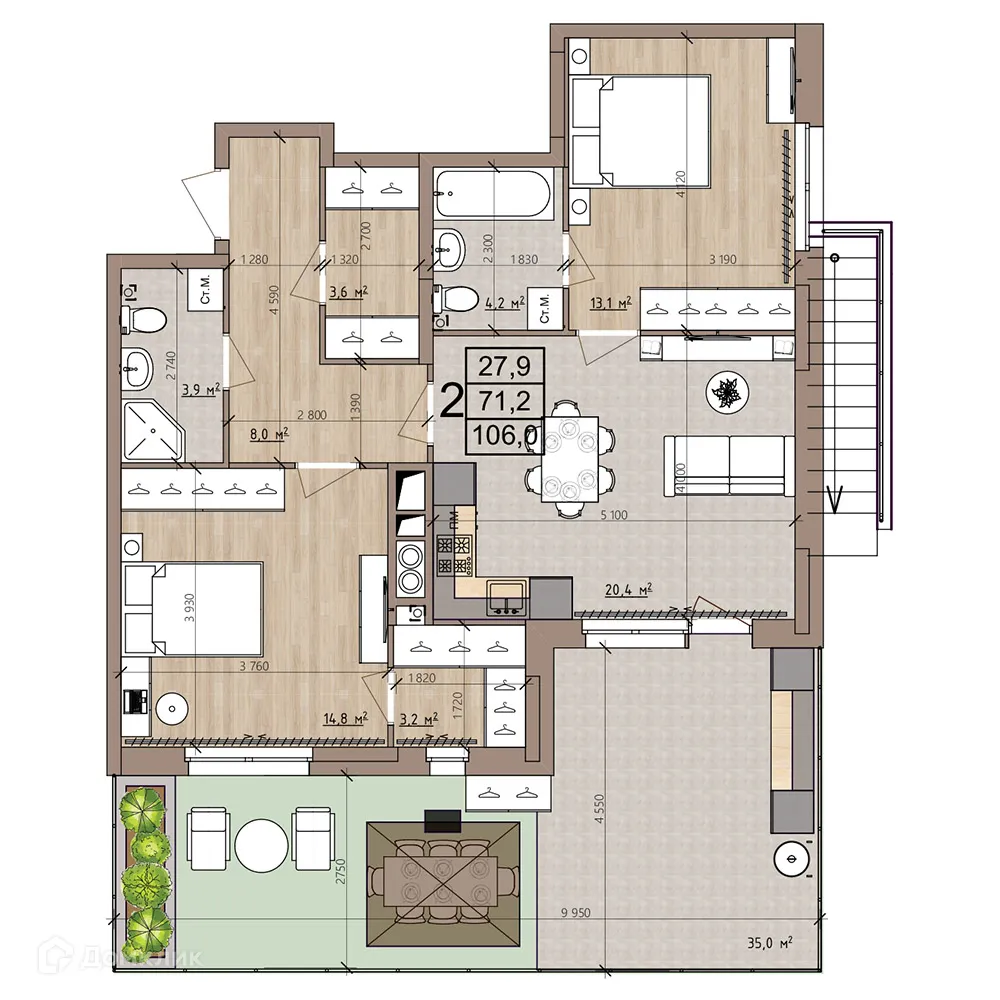 Планировка 2-комнатной квартиры 106 м² в ЖК Окская стрелка, г. Рязань — фото 43