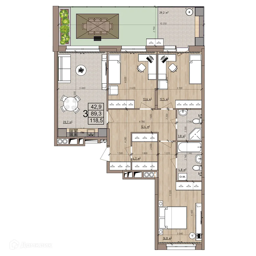 Планировка 3-комнатной квартиры 118.5 м² в ЖК Окская стрелка, г. Рязань — фото 43