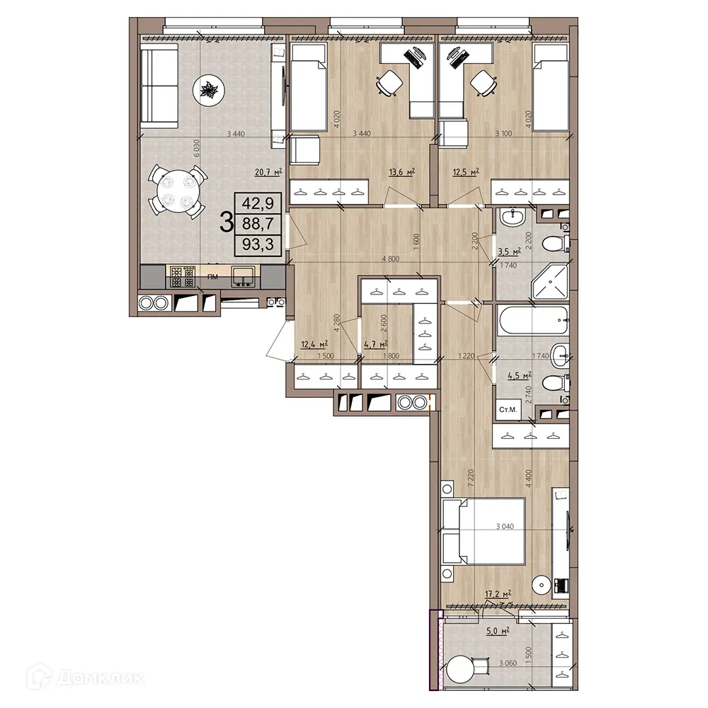 Планировка 3-комнатной квартиры 93.3 м² в ЖК Окская стрелка, г. Рязань — фото 43