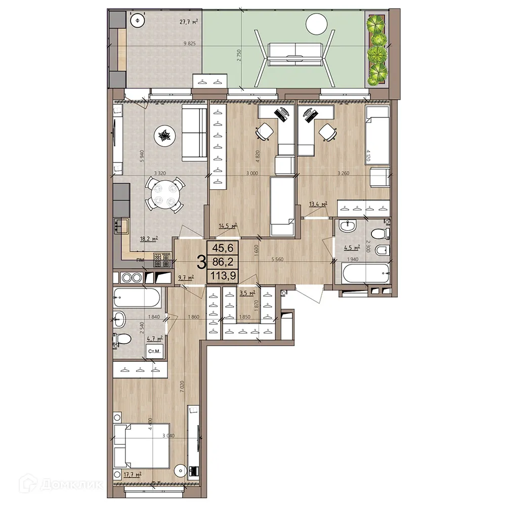 Планировка 3-комнатной квартиры 113.9 м² в ЖК Окская стрелка, г. Рязань — фото 22