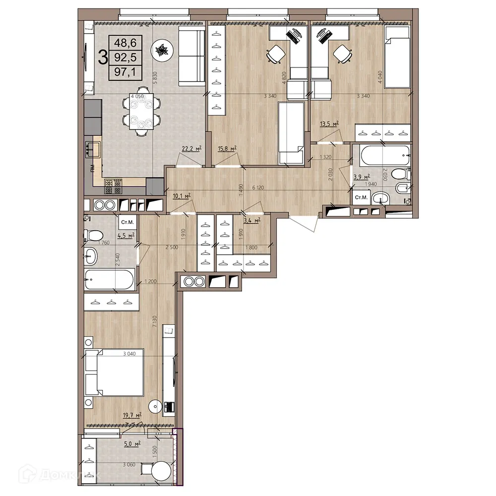 Планировка 3-комнатной квартиры 97.1 м² в ЖК Окская стрелка, г. Рязань — фото 43