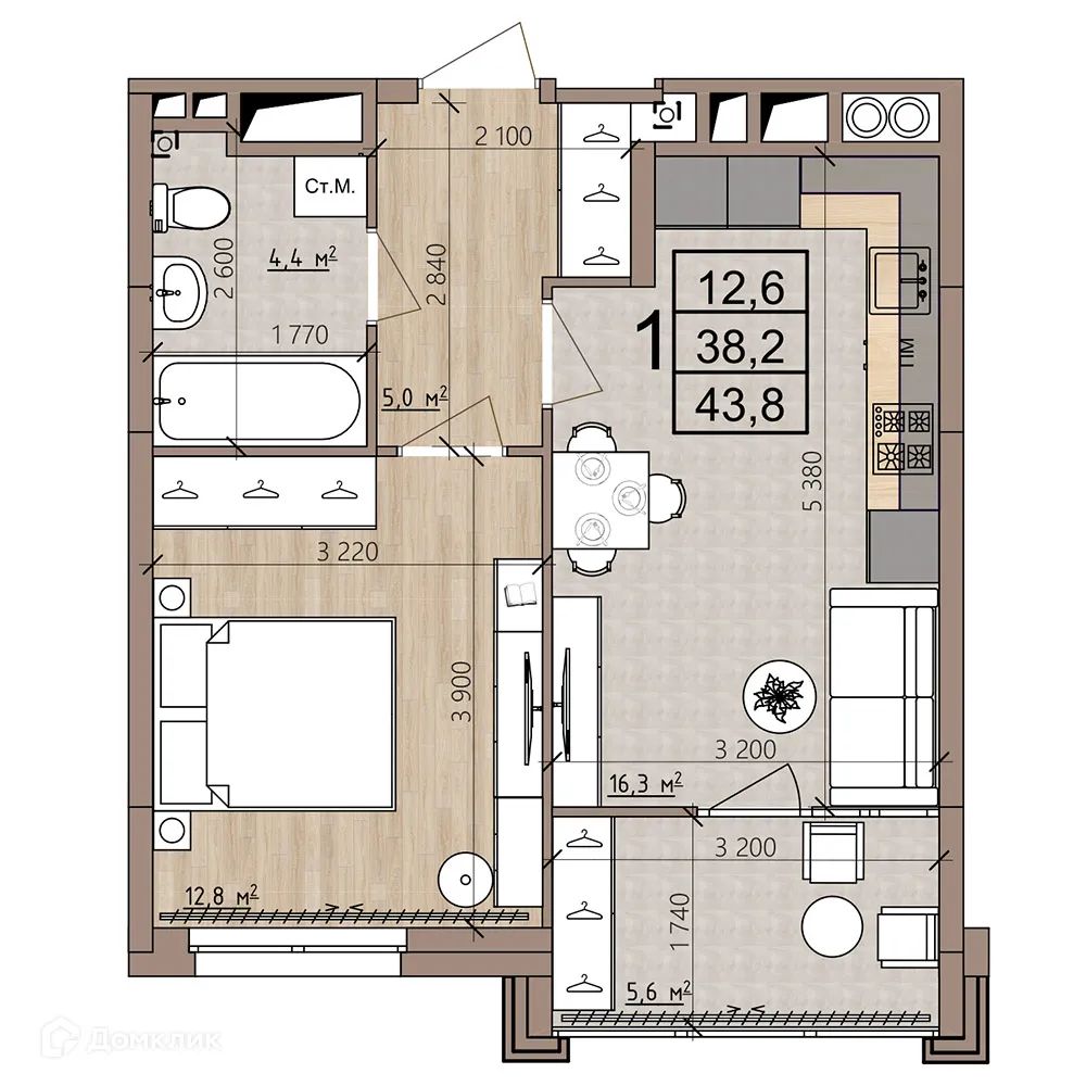 Планировка 1-комнатной квартиры 43.8 м² в ЖК Окская стрелка, г. Рязань — фото 43