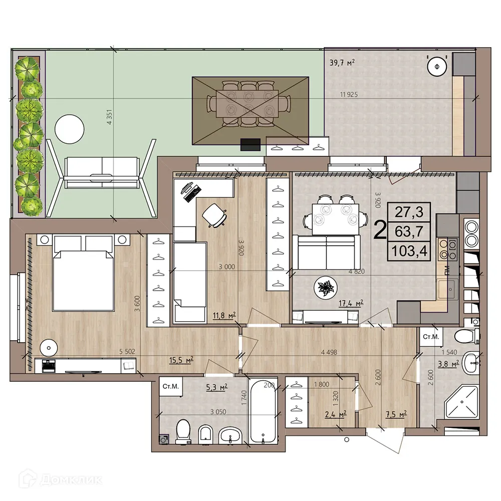 Планировка 2-комнатной квартиры 103.4 м² в ЖК Окская стрелка, г. Рязань — фото 43
