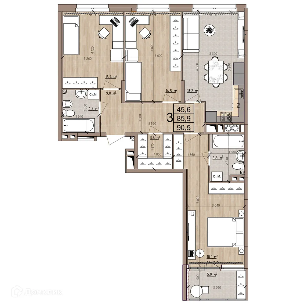 Планировка 3-комнатной квартиры 90.5 м² в ЖК Окская стрелка, г. Рязань — фото 43