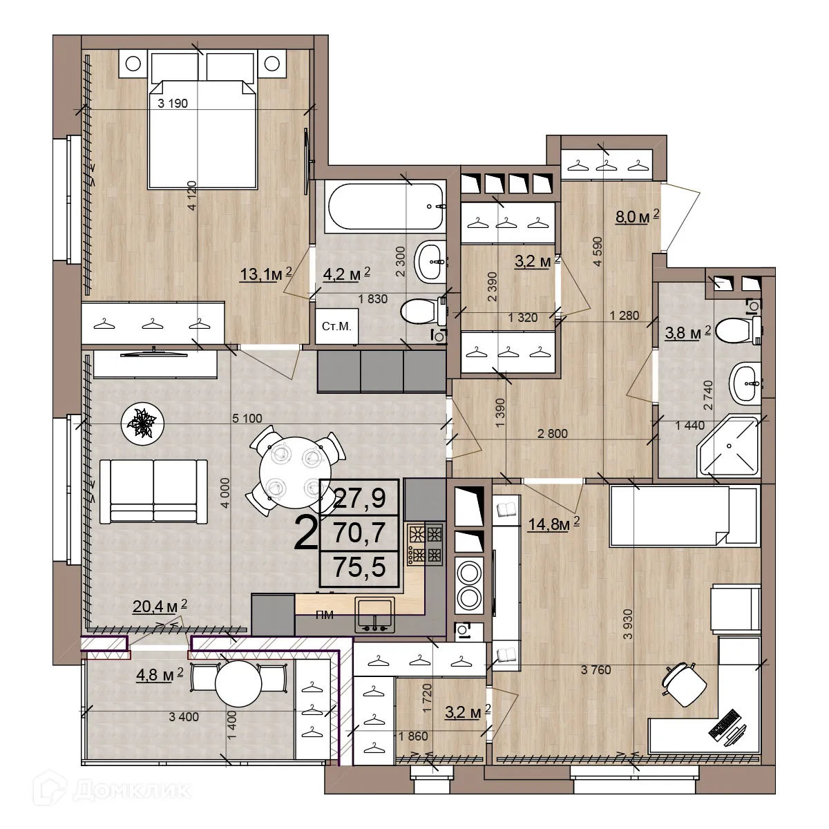 Планировка 2-комнатной квартиры 75.5 м² в ЖК Окская стрелка, г. Рязань — фото 43