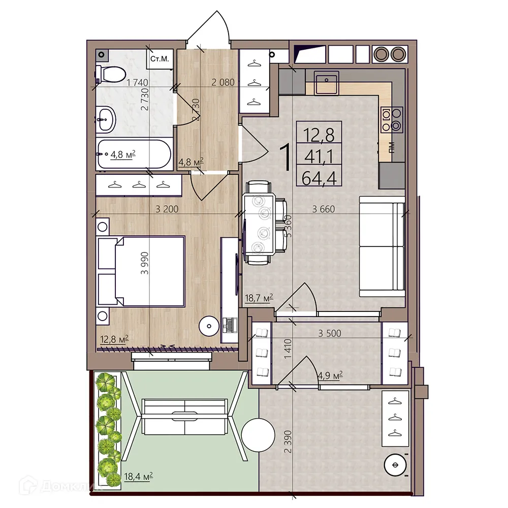 Планировка 1-комнатной квартиры 64.4 м² в ЖК Окская стрелка, г. Рязань — фото 39
