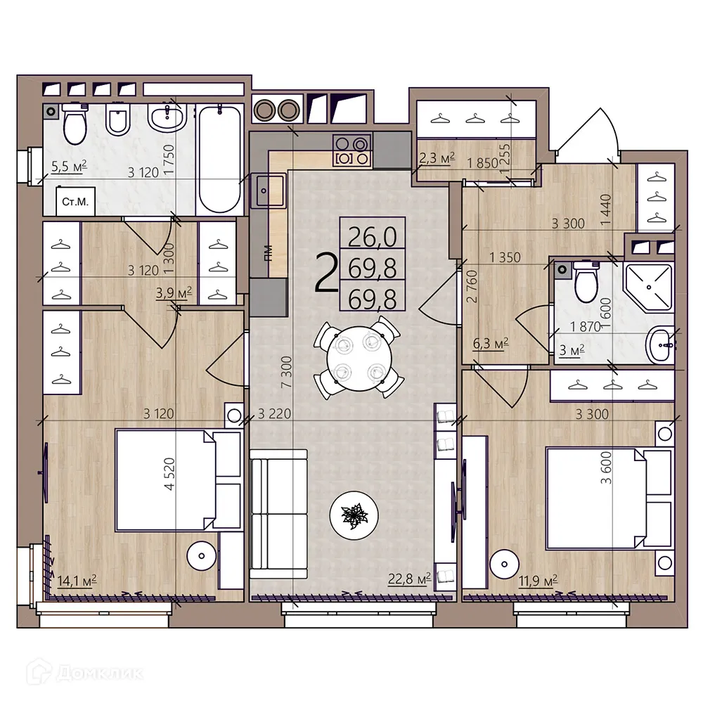 Планировка 2-комнатной квартиры 69.8 м² в ЖК Окская стрелка, г. Рязань — фото 39