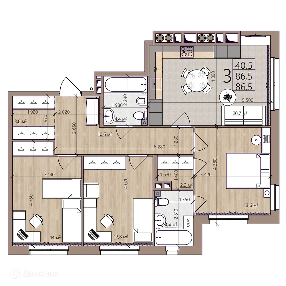 Планировка 3-комнатной квартиры 86.5 м² в ЖК Окская стрелка, г. Рязань — фото 39