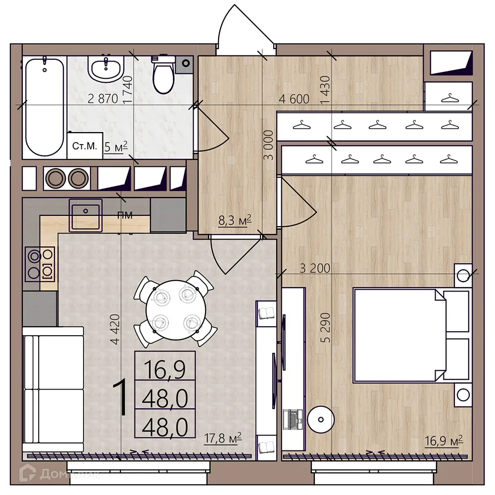 Планировка 1-комнатной квартиры 48 м² в ЖК Окская стрелка, г. Рязань — фото 39