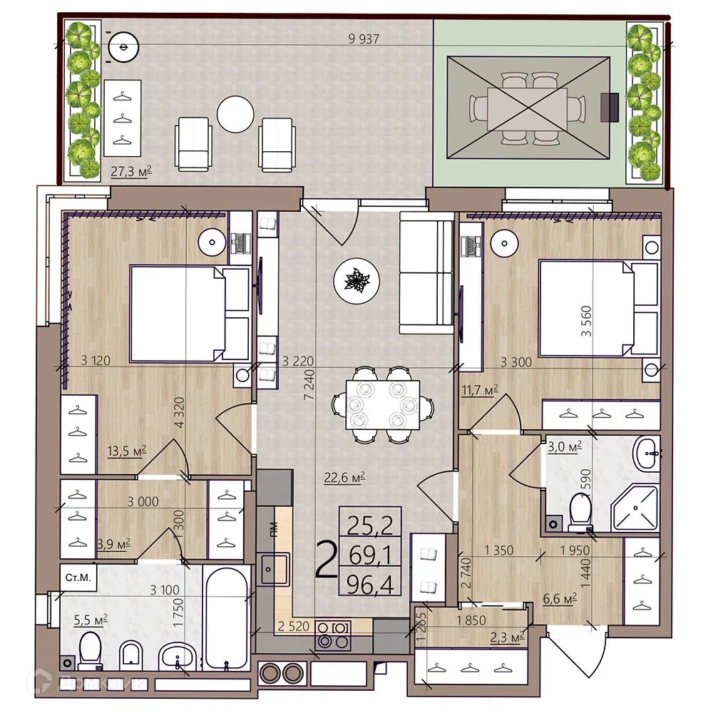 Планировка 2-комнатной квартиры 96.4 м² в ЖК Окская стрелка, г. Рязань — фото 39