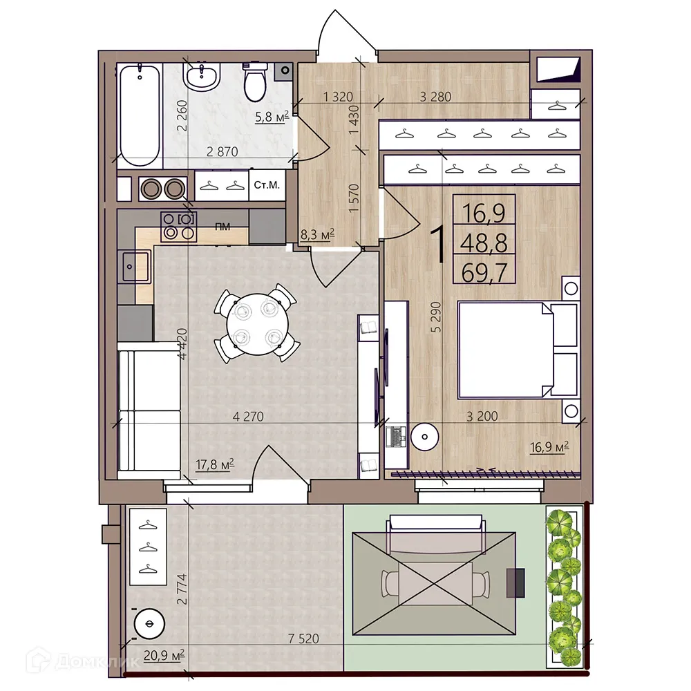 Планировка 1-комнатной квартиры 69.7 м² в ЖК Окская стрелка, г. Рязань — фото 39