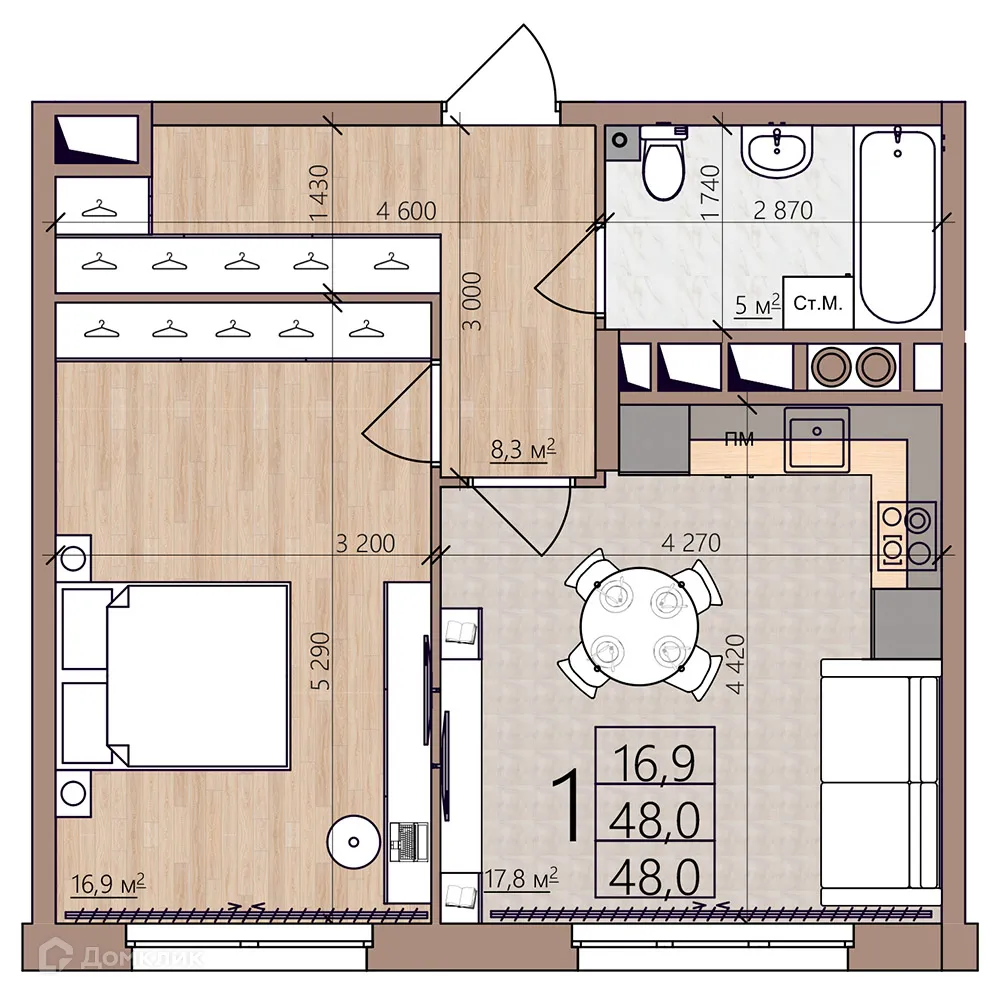 Планировка 1-комнатной квартиры 48 м² в ЖК Окская стрелка, г. Рязань — фото 3