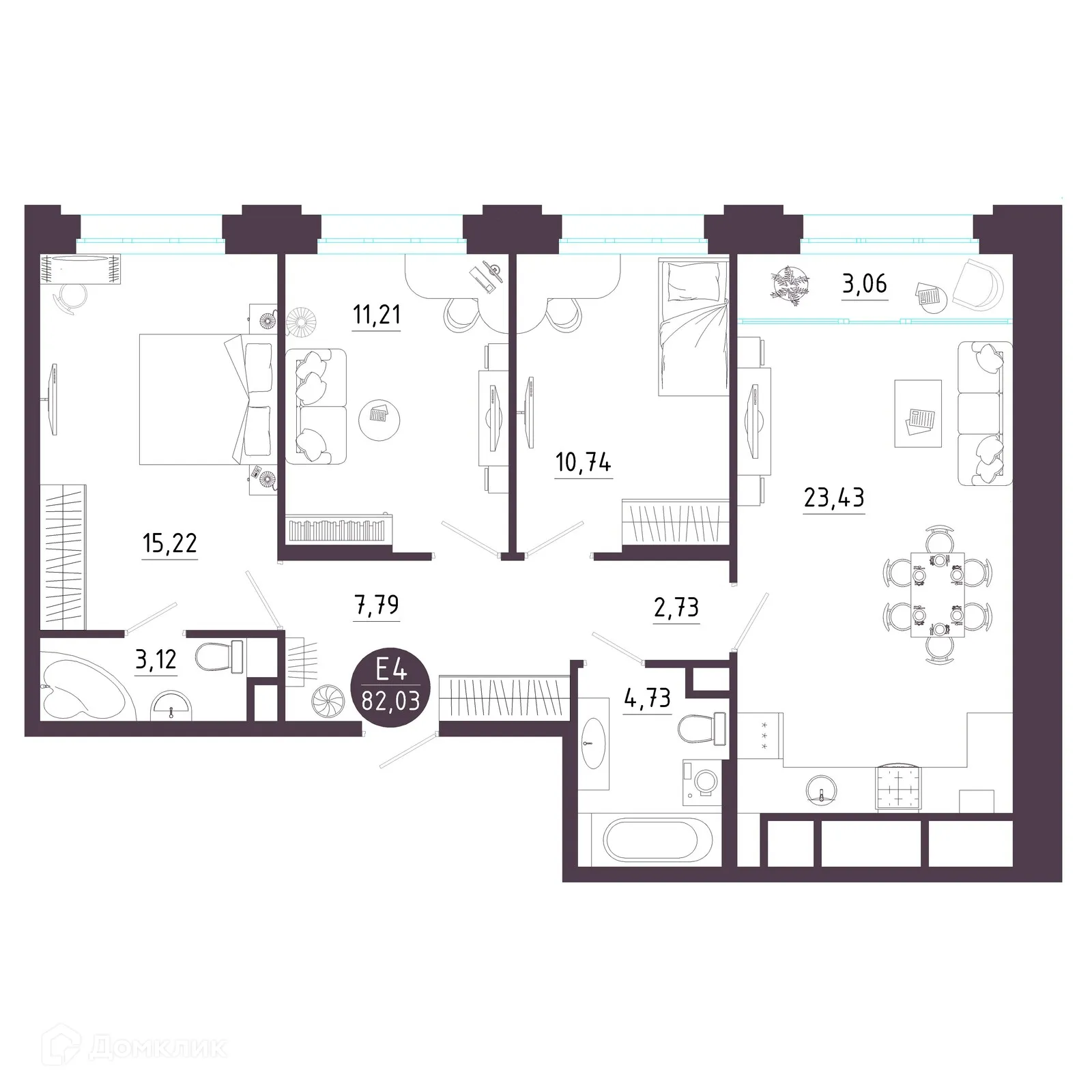 Планировка 3-комнатной квартиры 82.03 м² в ЖК Крылья, г. Рязань — фото 2