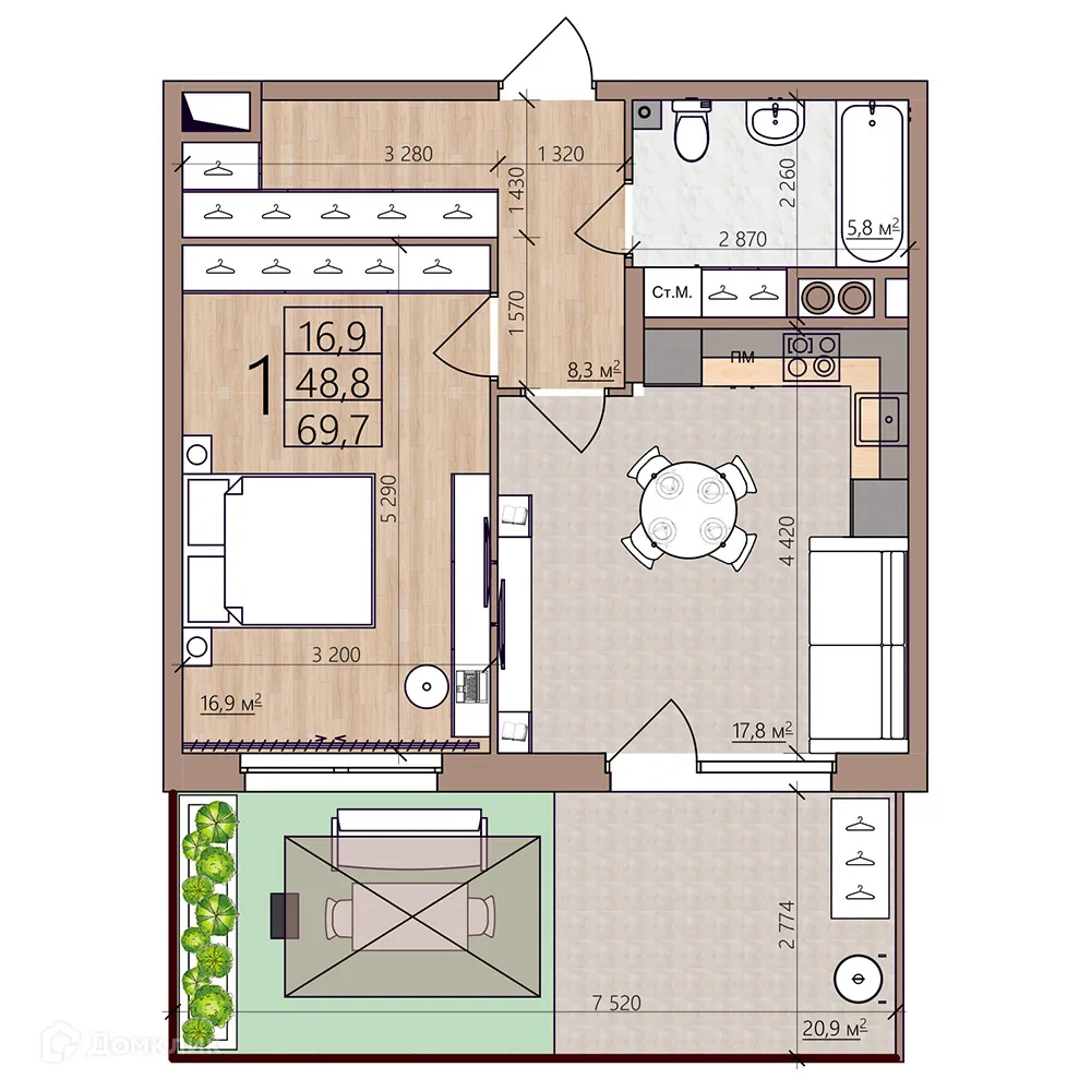 Планировка 1-комнатной квартиры 69.7 м² в ЖК Окская стрелка, г. Рязань — фото 3