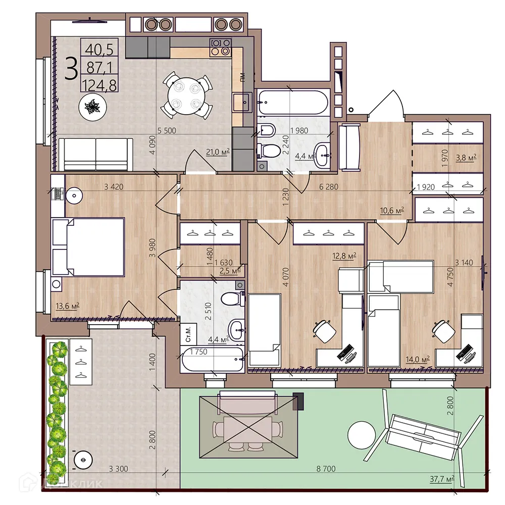 Планировка 3-комнатной квартиры 124.8 м² в ЖК Окская стрелка, г. Рязань — фото 3