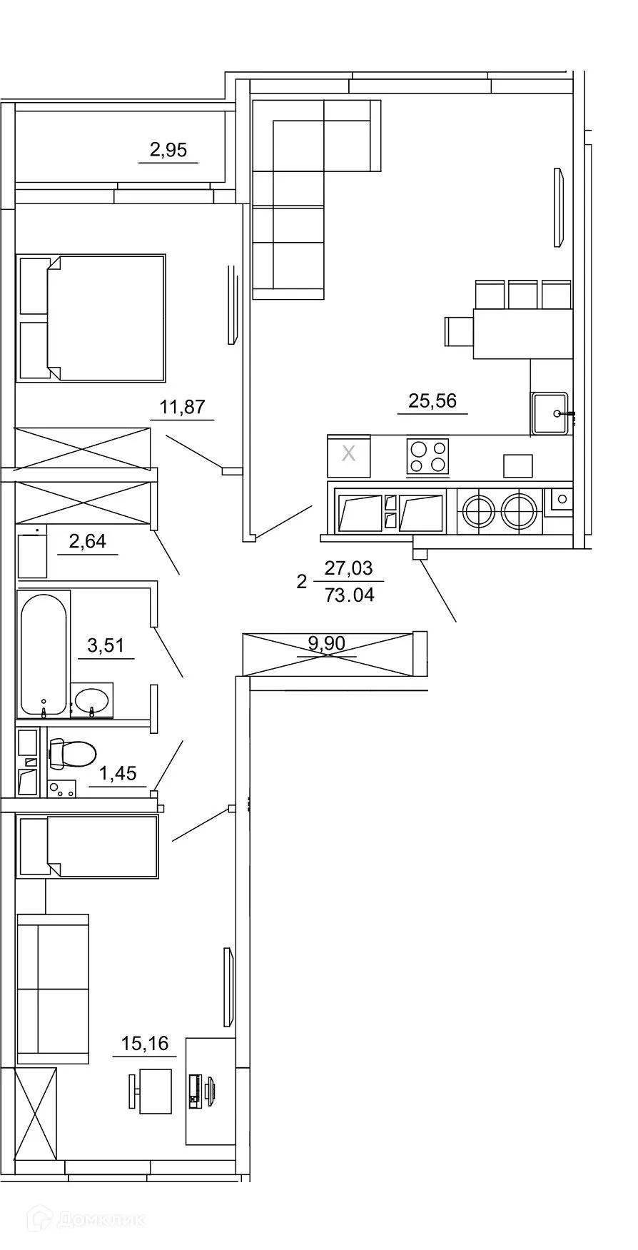 Планировка 2-комнатной квартиры 73.04 м² в ЖК Смарт Квартал ЦЕНТРАЛЬНЫЙ, г. Рязань — фото 1