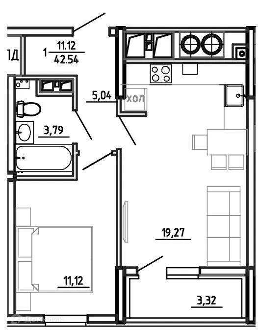 Планировка 1-комнатной квартиры 42.54 м² в ЖК Смарт Квартал ЦЕНТРАЛЬНЫЙ, г. Рязань — фото 1
