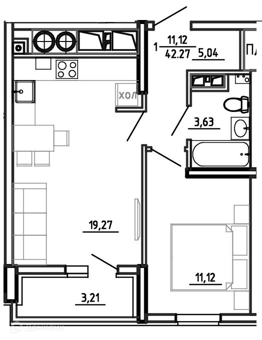 Планировка 1-комнатной квартиры 42.27 м² в ЖК Смарт Квартал ЦЕНТРАЛЬНЫЙ, г. Рязань — фото 34