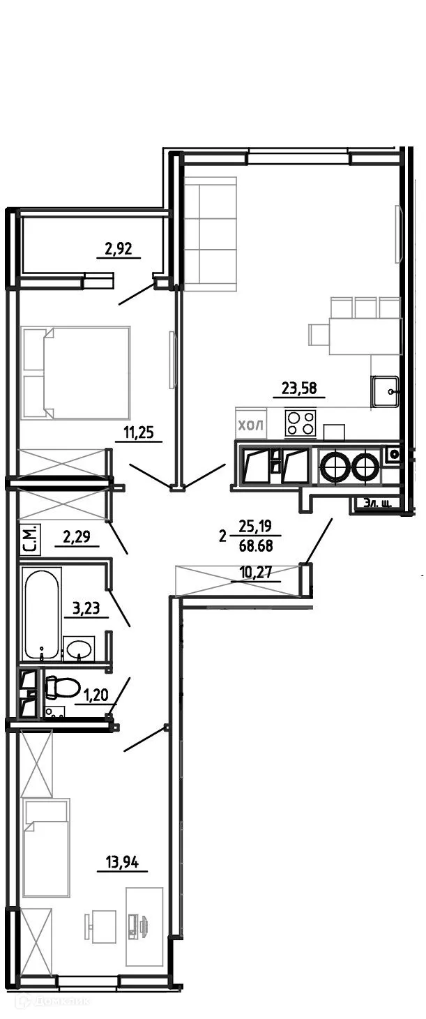 Планировка 2-комнатной квартиры 68.68 м² в ЖК Смарт Квартал ЦЕНТРАЛЬНЫЙ, г. Рязань — фото 1
