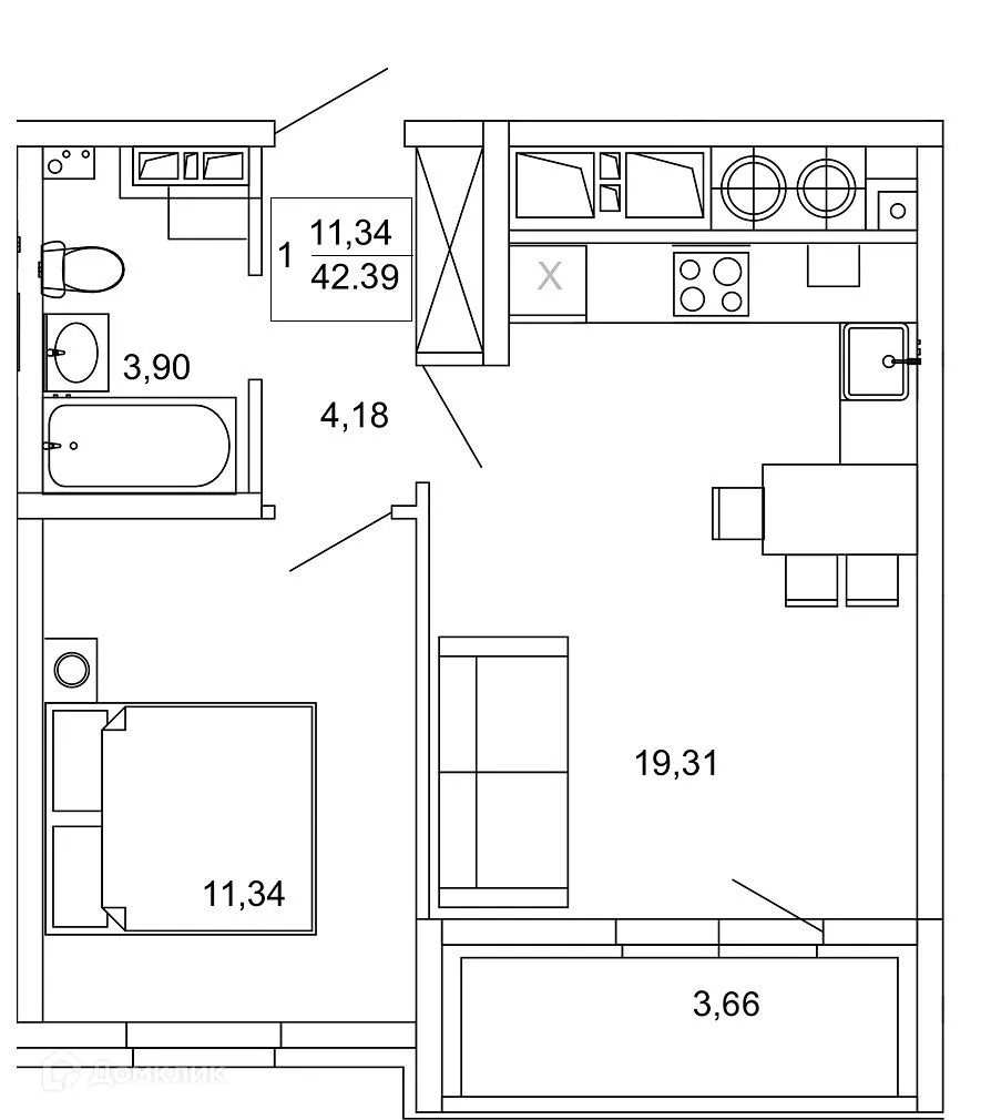 Планировка 1-комнатной квартиры 42.39 м² в ЖК Смарт Квартал ЦЕНТРАЛЬНЫЙ, г. Рязань — фото 1