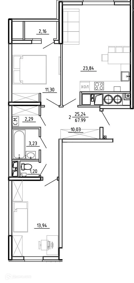 Планировка 2-комнатной квартиры 67.99 м² в ЖК Смарт Квартал ЦЕНТРАЛЬНЫЙ, г. Рязань — фото 34