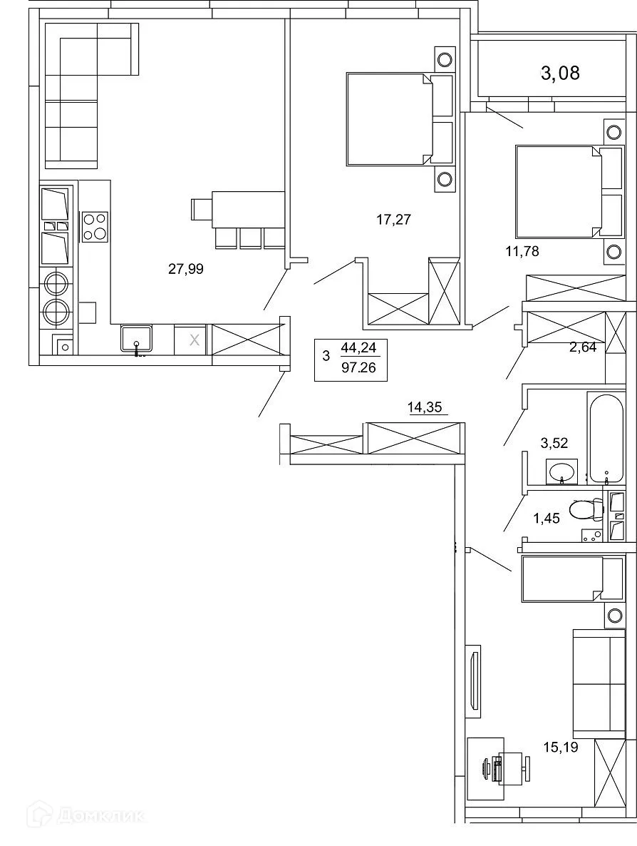 Планировка 3-комнатной квартиры 97.26 м² в ЖК Смарт Квартал ЦЕНТРАЛЬНЫЙ, г. Рязань — фото 1