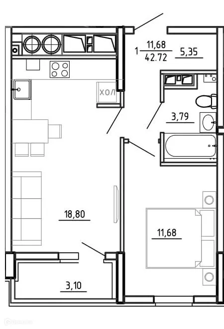 Планировка 1-комнатной квартиры 42.72 м² в ЖК Смарт Квартал ЦЕНТРАЛЬНЫЙ, г. Рязань — фото 1
