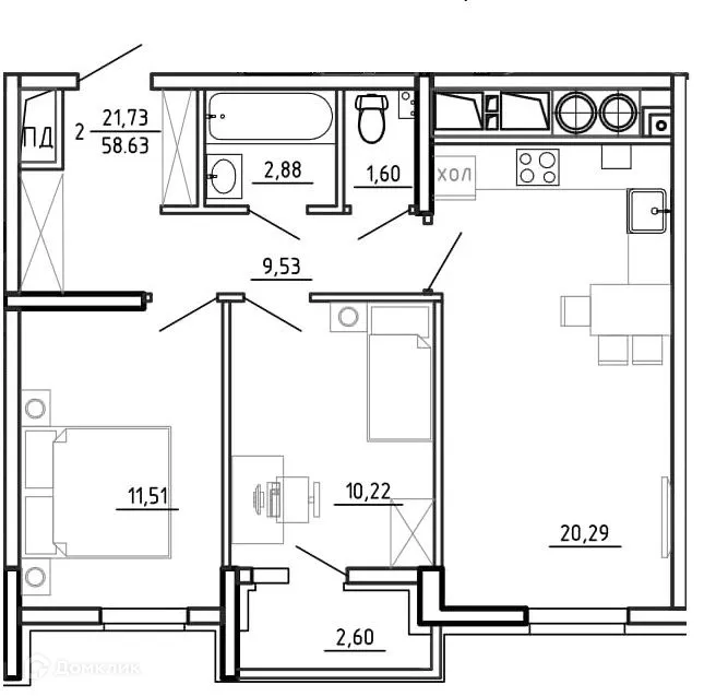 Планировка 2-комнатной квартиры 58.63 м² в ЖК Смарт Квартал ЦЕНТРАЛЬНЫЙ, г. Рязань — фото 1