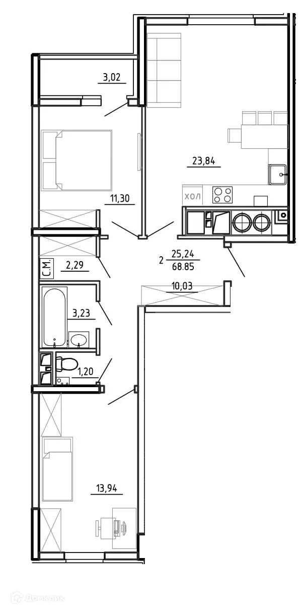 Планировка 2-комнатной квартиры 68.85 м² в ЖК Смарт Квартал ЦЕНТРАЛЬНЫЙ, г. Рязань — фото 34
