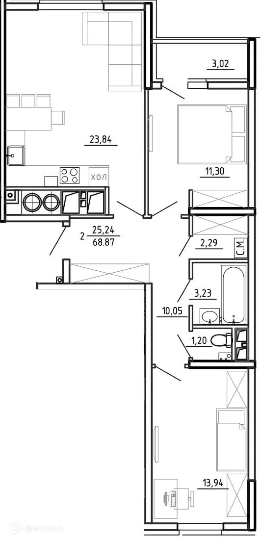 Планировка 2-комнатной квартиры 68.87 м² в ЖК Смарт Квартал ЦЕНТРАЛЬНЫЙ, г. Рязань — фото 1