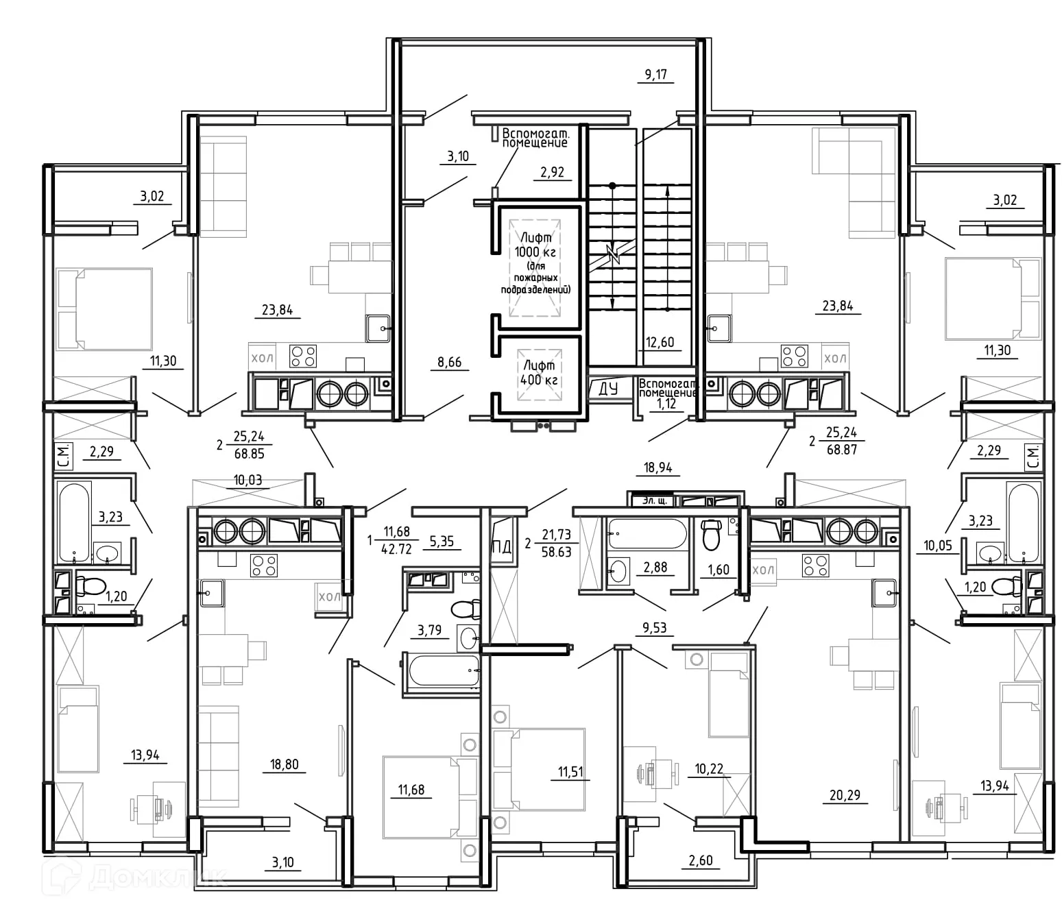 Планировка 2-комнатной квартиры 68.87 м² в ЖК Смарт Квартал ЦЕНТРАЛЬНЫЙ, г. Рязань — фото 2