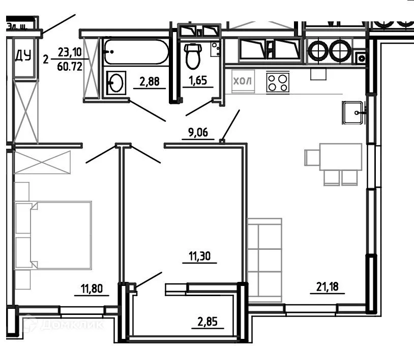 Планировка 2-комнатной квартиры 60.72 м² в ЖК Смарт Квартал ЦЕНТРАЛЬНЫЙ, г. Рязань — фото 1