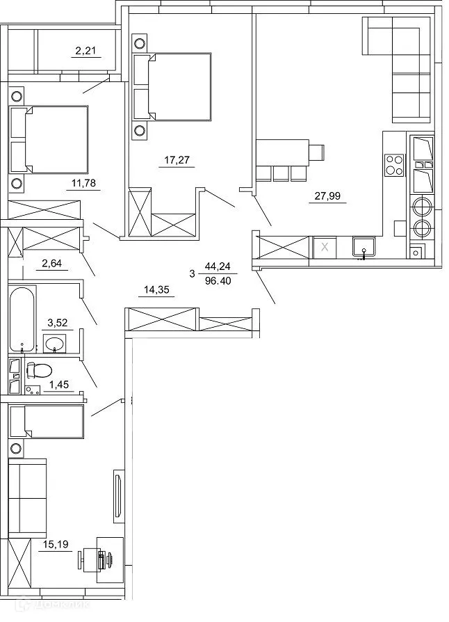 Планировка 3-комнатной квартиры 96.4 м² в ЖК Смарт Квартал ЦЕНТРАЛЬНЫЙ, г. Рязань — фото 34