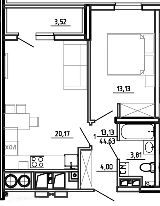 Планировка 1-комнатной квартиры 44.63 м² в ЖК Смарт Квартал ЦЕНТРАЛЬНЫЙ, г. Рязань — фото 34