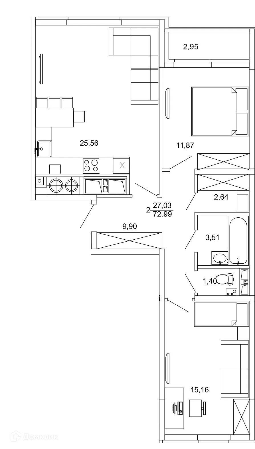 Планировка 2-комнатной квартиры 72.99 м² в ЖК Смарт Квартал ЦЕНТРАЛЬНЫЙ, г. Рязань — фото 1