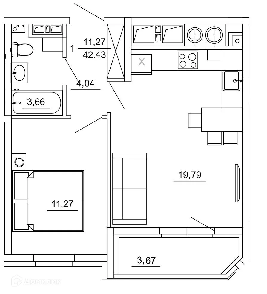 Планировка 1-комнатной квартиры 42.43 м² в ЖК Смарт Квартал ЦЕНТРАЛЬНЫЙ, г. Рязань — фото 1