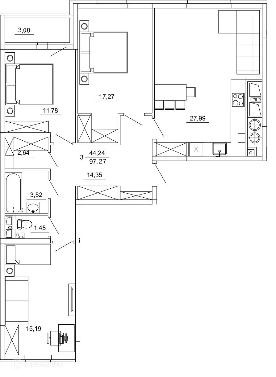 Планировка 3-комнатной квартиры 97.27 м² в ЖК Смарт Квартал ЦЕНТРАЛЬНЫЙ, г. Рязань — фото 1