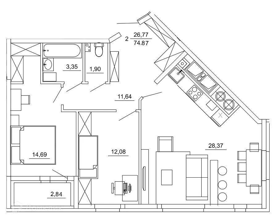 Планировка 2-комнатной квартиры 74.87 м² в ЖК Смарт Квартал ЦЕНТРАЛЬНЫЙ, г. Рязань — фото 34
