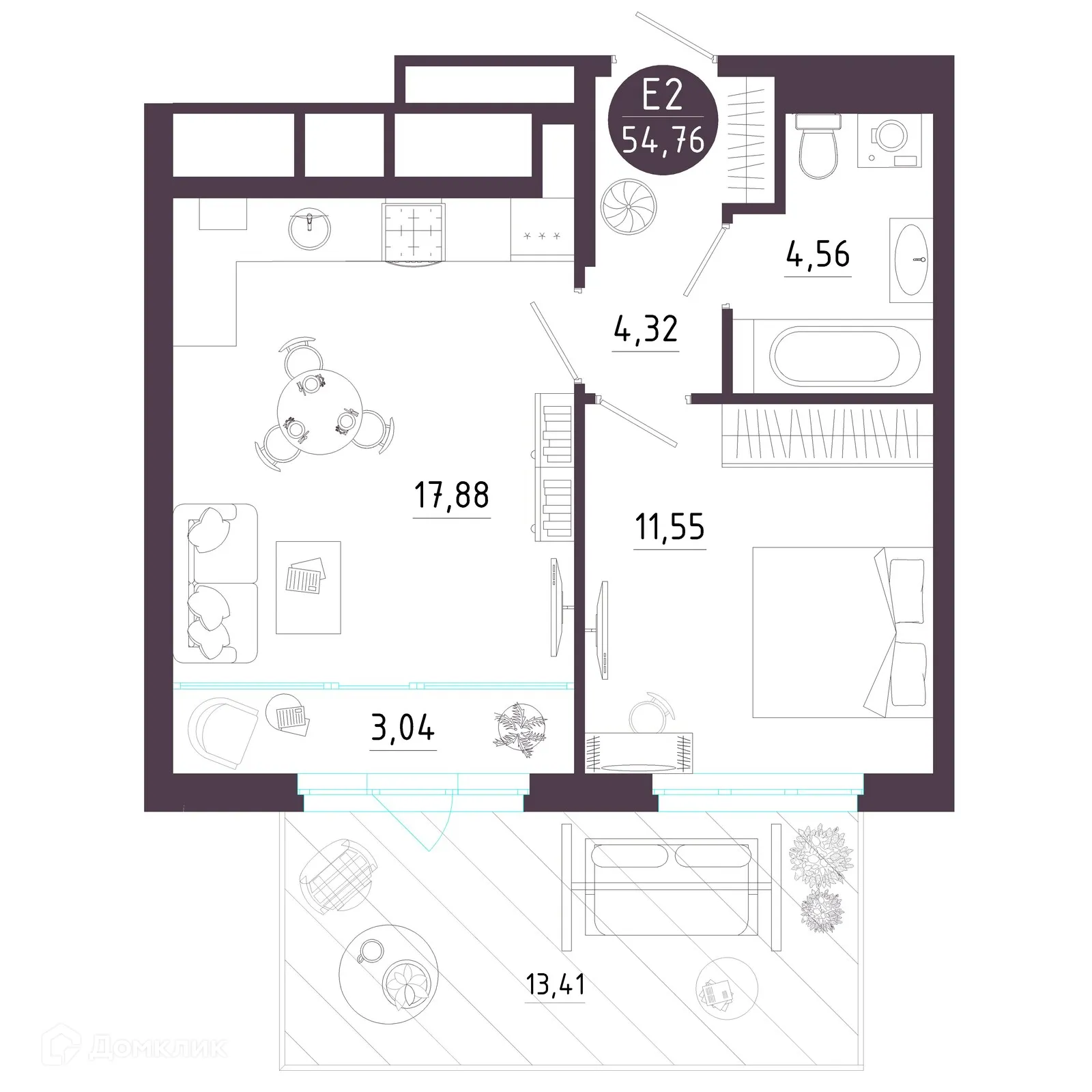 Планировка 1-комнатной квартиры 54.41 м² в ЖК Крылья, г. Рязань — фото 16